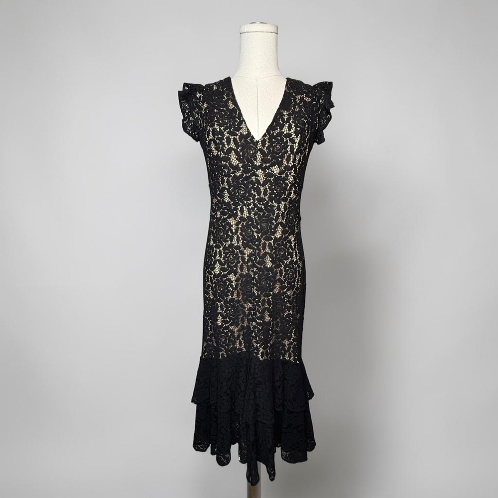 Tommy Hilfiger Lace Flutter Sleeve Flounce Skirt Midi Dress Black size 2